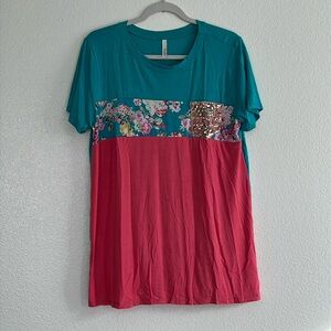Teal and pink glitter pocket tee, size Large